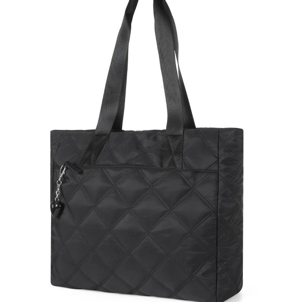 Harper Tote Bag Black Nylon Quilted Puffer Heart Charm